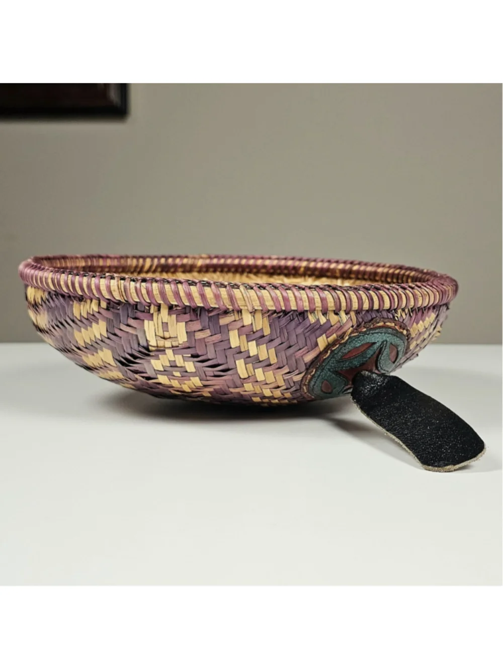 Vintage Hand-Coiled Southwestern Decorative Basket Bowl with Leather Medallion
